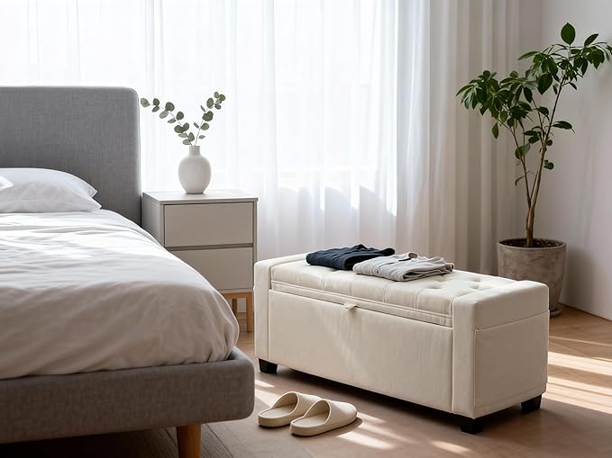 Storage Ottoman Bench for Bedroom, End of Bed Bench with Hidden Storage, Upholstered Tufted Linen Ottoman with Safety Hinge, Bedroom Bench with Storage, 43 Inch, 350lb, Linen Beige