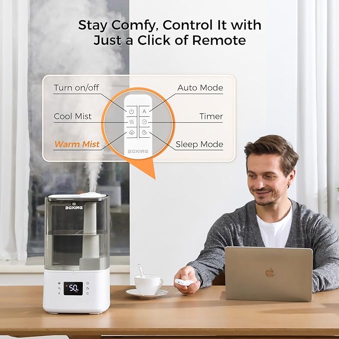 BOXING 6L Warm and Cool Mist Humidifiers for Bedroom, Top Fill Ultrasonic Aroma Diffuser with Remote, Auto Mode Humidistat Perfect for Baby & Plants, Quiet Sleep, Timer, Auto Shut-Off, 60H Runtime