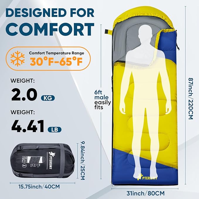 PTEROMY Sleeping Bags for Adults, Lightweight and Machine Washable, Water Resistant Backpacking Camping Sleeping Bag for Warm Cold Weather, Camping Essentials for Hiking Travel