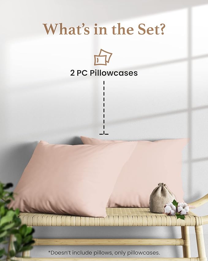 1000 TC Blush Standard Pillowcases Set of 2 100% Egyptian Cotton Pillow Cases with Long Staple Cotton & Sateen Weave, Silky Soft Hotel - Like Bed Pillow Covers for Comfy Sleeping, Snug Fit