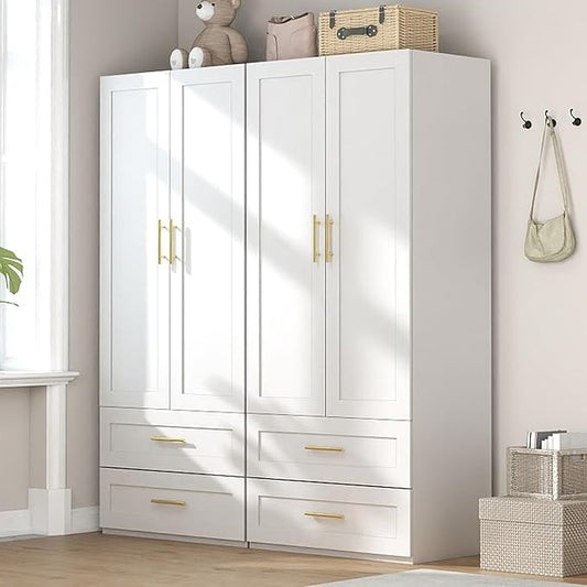 White Wardrobe with 4 Doors: 75" Tall Armoire Wardrobe Closet with 4 Drawers, Bedroom Closet Cabinet for Hanging Clothes, Wooden Storage Armoire with Shelves (Contemporary, 2)