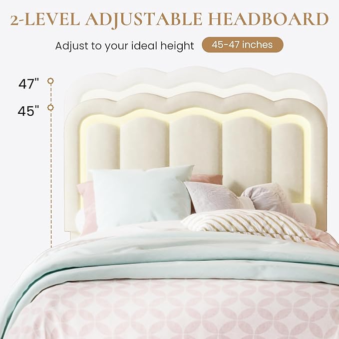 SHA CERLIN Upholstered Twin Size Bed Frame with LED Lights and Large Storage Drawer, Velvet Platform Bed with Adjustable Wavy Headboard, Noise Free, Easy Assembly, No Box Spring Needed, Soft Cream