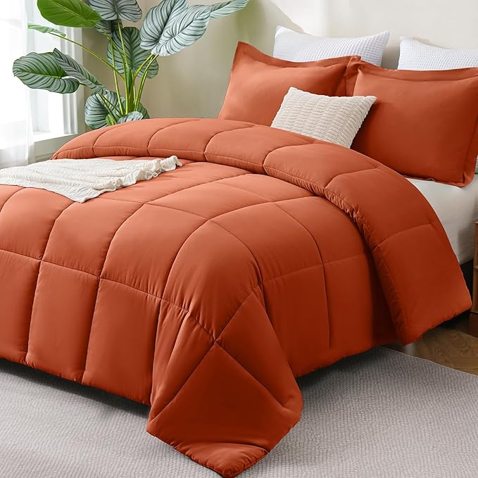 CozyLux Full Size Comforter Sets - 270GSM Terracotta Bedding Sets for All Seasons, 3 Pieces Box Stitched Bed Set with 1 Down Alternative Comforter and 2 Pillow Shams, Soft, Lightweight, Breathable