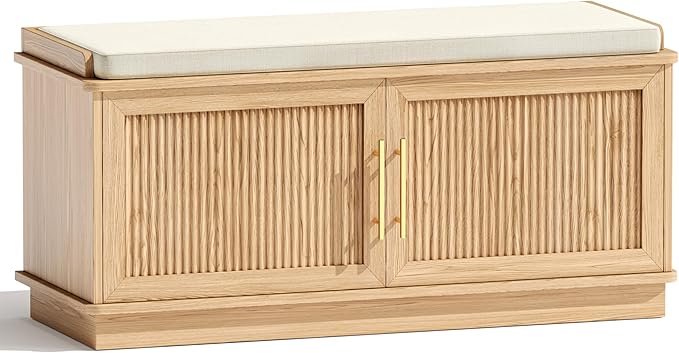 Akxomel Fluted Shoe Storage Bench with Cushion, 39.4" Entryway Bench with Adjustable Shelves and 2 Doors, Shoe Cabinet Bench with Curved Profile, for Hallway, Living Room, Bedroom, Natural Oak