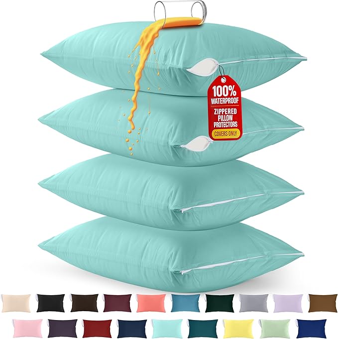 Utopia Bedding Premium 100% Waterproof Pillow Protectors with Zipper King Size (Set of 4), Bed Bug and Dust Mite Proof Zippered Pillow Covers, Pillow Encasement Cases, Spa Blue
