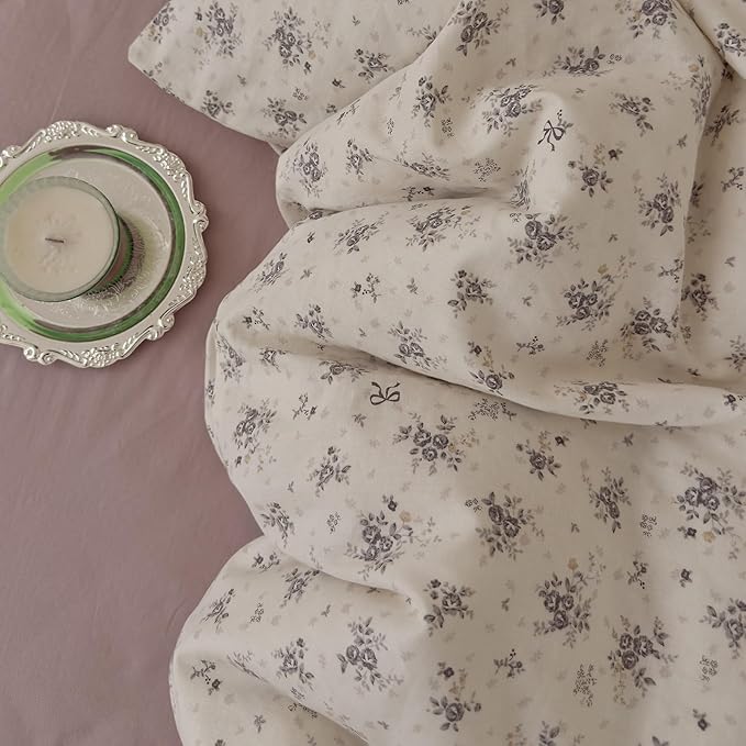 VM VOUGEMARKET King Size Double Layer Gauze Duvet Cover Set, Off-White Duvet Cover with Gray Floral Prints Bedding Set for Cottagecore Decor