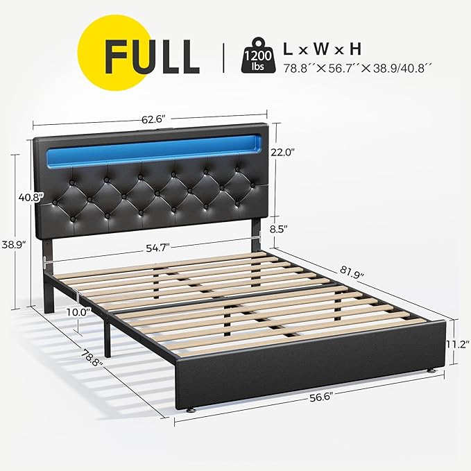 Rolanstar Full Size Bed Frame with Charging Station, LED Bed with Under Bed Storage, Adjustable Headboard 38.9/40.8 Inches, No Box Spring Needed, Noise Free, Easy Assembly, Black