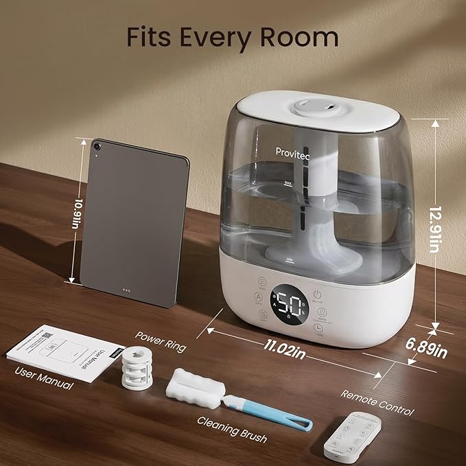 Provirtec 6L Self-Cleaning Humidifier for Large Room, CleanCare Warm & Cool Mist, No-Leak Design & Top Fill, 60 Hour Runtime, Quiet Ultrasonic Auto Mode with Remote Control for Bedroom & Home