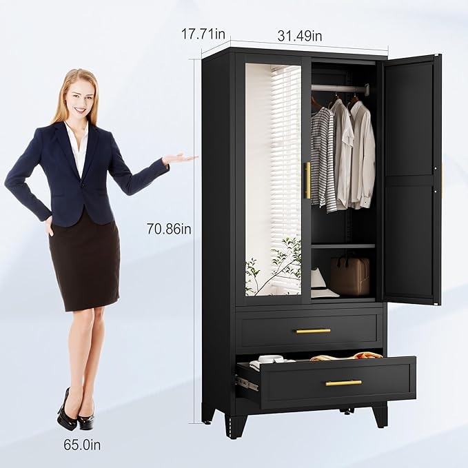erosoei Metal Armoire Wardrobe Closet, 71 "Metal Clothing Storage Cabinet with Mirror and Adjustable Shelves, Household Steel Wardrobe Storage Cabinet with 2 Drawers and Hanging Rod(Armoire-Black)