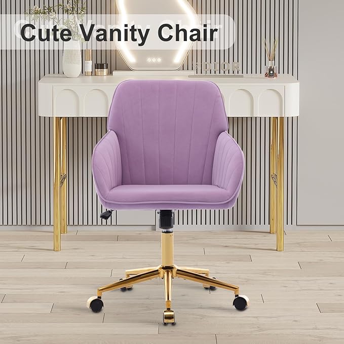 Velvet Vanity Chair with Wheels, Height Adjustable Swivel Makeup Chair, Armless Small Desk Chair for Bedroom/Office/Vanity Table, 250 lbs Capacity (Velvet, Lilac-2)