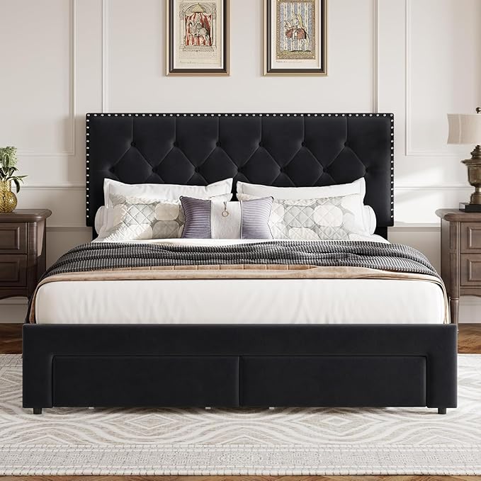 Garvee Queen Size Bed Frame with 2 Storage Drawers, Vintage Velvet Headboard Bedframe with upholstered Platform, Wooden Slat Support, Noise Free, No Box Spring Needed, Black