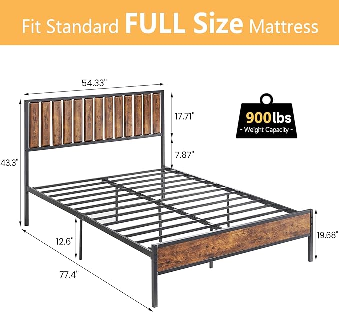 GarveeHome Full Size Bed Frame with Wood Headboard, Metal Platform Bed Frames with Heavy Duty Steel Slats, No Box Spring Needed, Under Bed Storage, Rustic Brown, Full