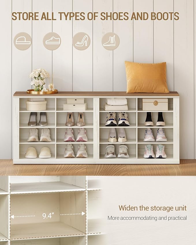 Hzuaneri Farmhouse Shoe Storage Bench, Entryway Shoe Cubby Bench, Widened Wooden Shoes Cubbies with Compartments, Shoes Rack Benchs for Cloakroom, Entryway, Antique White SB24614X