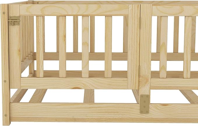 Bellemave Twin Size Montessori Floor Bed with 21.5" High Rails and Slats, Pine,Plywood Floor Bed with Small Door, Natural