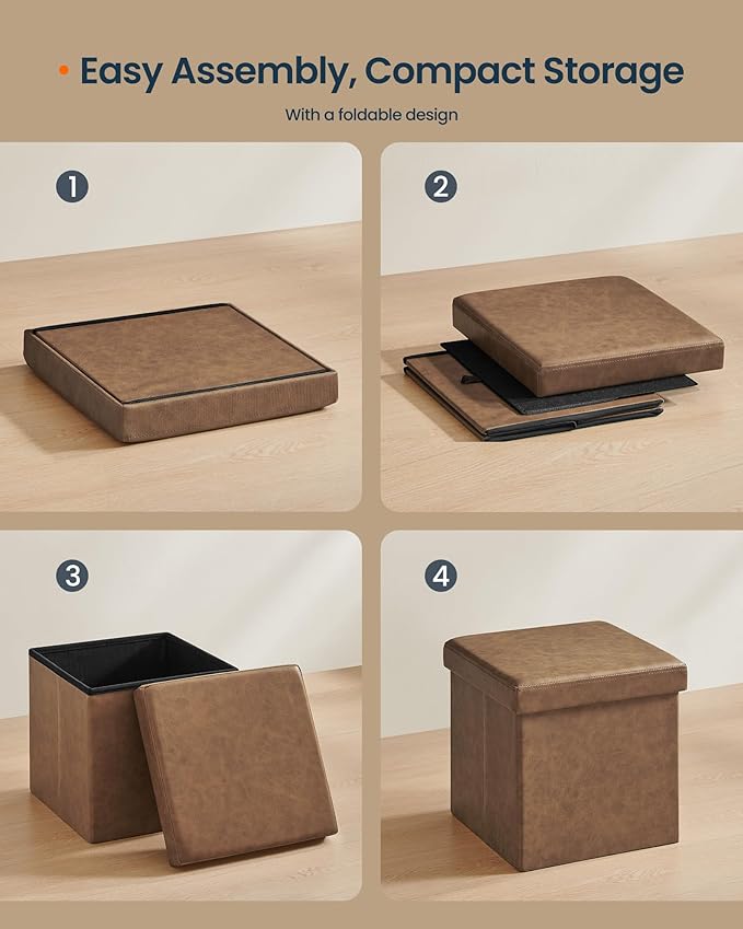 SONGMICS HOME Storage Ottoman, Removable Lid, Foldable Foot Stool, PU Leather, for Entryway, Living Room, Bedroom, 15.2 x 15.2 x 15.2 Inches, Brown