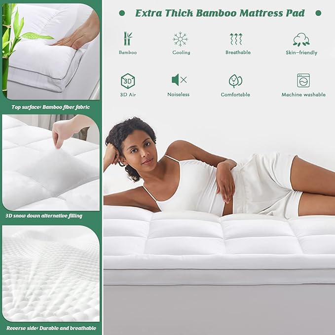 GRT Pillowtop Mattress Topper Twin Size, Rayon from Bamboo Mattress Cover Padded with 900gsm 3D Snow Down Alternative Filling, Extra Thick Mattress Pad Twin for Back Pain