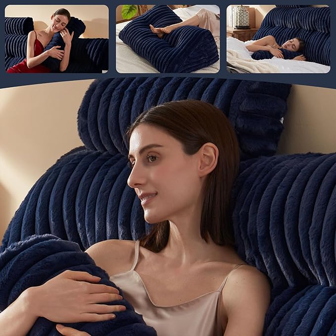 Rycwola Faux Fur Headboard Pillow with 2 Pack Neck Roll Pillow Large Headboard Pillow Soft and Supportive with Removable Cover (Blue, King)