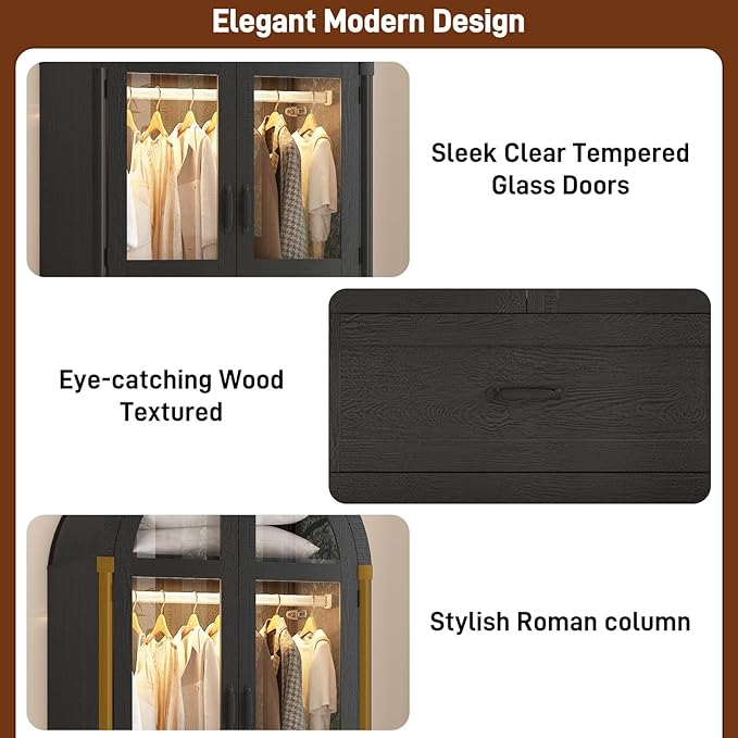 chartustriable 2 Doors Arched Armoire Wardrobe Closet w/Drawers,LED Light,Wooden Closet Wardrobe Cabinet with Hanging Rod for Bedroom,Modern Armoire Storage Cabinet w/Shelf,Black