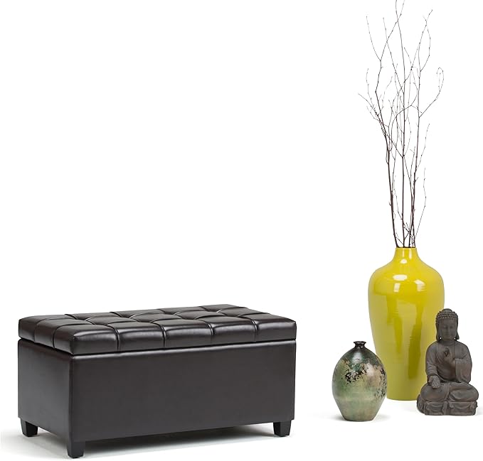 SIMPLIHOME Sienna Storage Ottoman Bench - 33 inch Wide Upholstered Vegan Leather Rectangle Storage Ottoman Bench in Chocolate Brown, Transitional Tufted Ottoman for Living Room with Lift Top