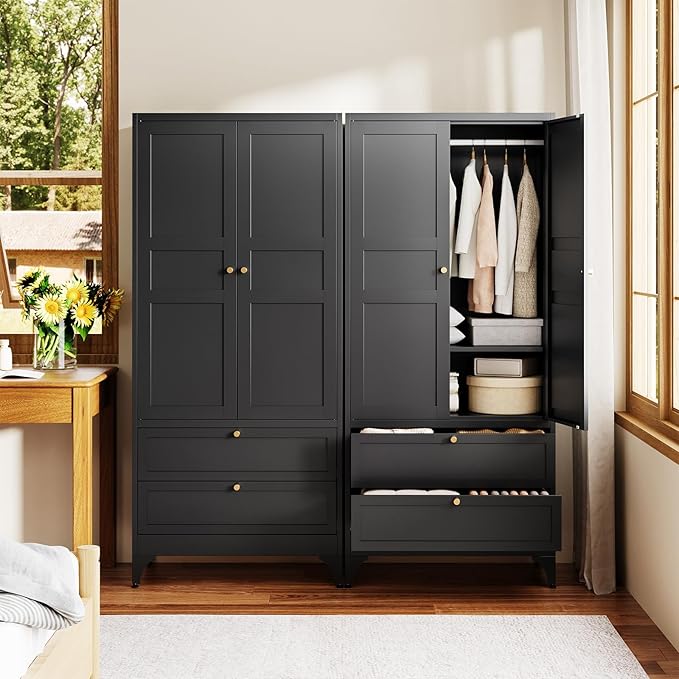 Letaya 71" Metal Wardrobe Cabinets with 2 Drawers,Steel Armoire Wardrobe Closet with Doors and Shelves,Clothing Storage Cabinets with Hanging Rod for Bedroom, Gym, Cloak Room,Black
