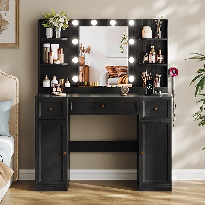 Memobarco Large Vanity Desk with Mirror and Lights, Makeup Vanity with Power Outlets, 3 Drawers and 2 Large Cabinets, 3 Lighting Modes Adjustable Brightness, Dressing Table for Women Girls, Black