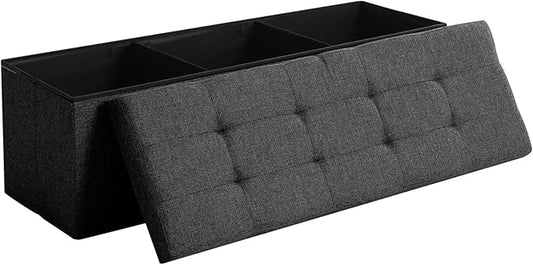 45.3 Inches Storage Ottoman Bench Foldable Seat Footrest Shoe Bench End of Bed Storage with Flipping Lid, 166L Storage Space, Linen Fabric Black