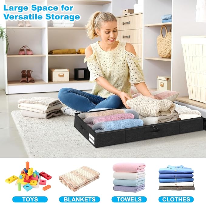 Under Bed Storage Container Bins 4 Pack, 4 Inch Thin Low Profile Underbed Clothes Storage Organizer for Dorm & Home, Use for Blanket and Toy Storage Box W/ Sturdy Bottom/Sides, Foldable Thick Fabric