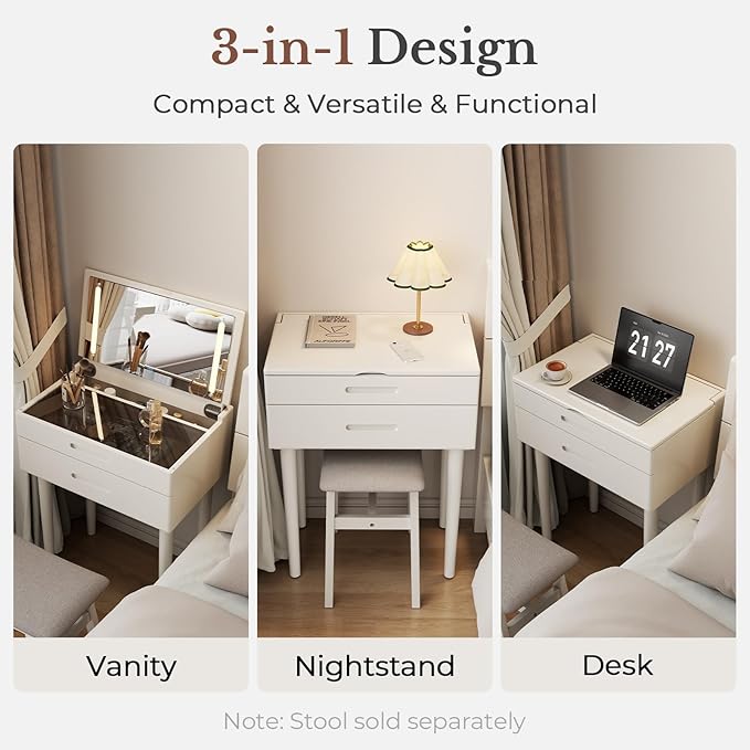 Muwuele Solid Wood Small Vanity Desk with Mirror and Lights, Narrow Makeup Vanity for Small Space, Flip Top Vanity Side Table, 3 Color Modes & Adjustable Brightness, 23.6" Slim Dressing Table, White