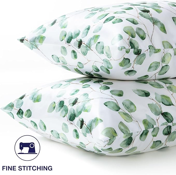 EXQ Home Silky Satin Pillowcase for Hair and Skin,Printed Pillow Cases Standard Size Set of 2 Satin Pillow Case 2 Pack with Envelope Closure(Ink Leaf, 20x26)