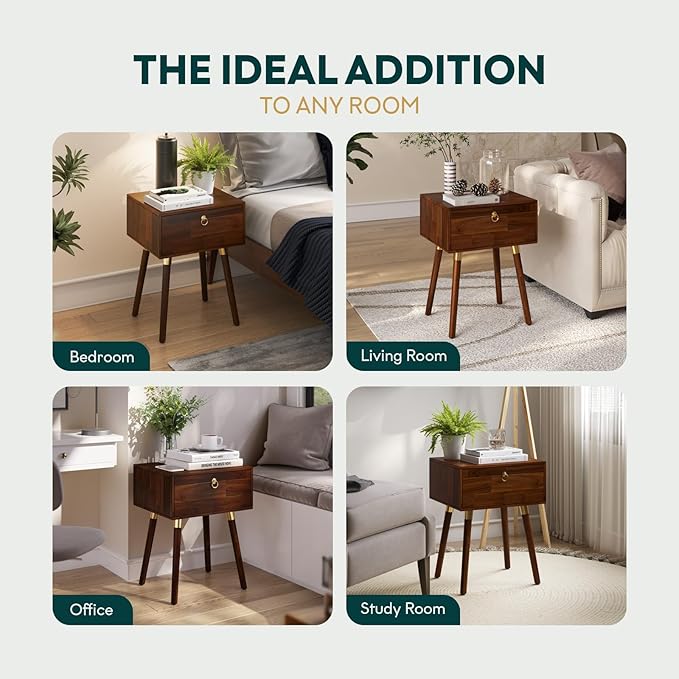 Bme Alden Solid Wood Nightstand/Side Table/End Table, Fully Assembled, with 1-Drawer for Mid Century Bedroom and Living Room, (12mm), Dark Chocolate