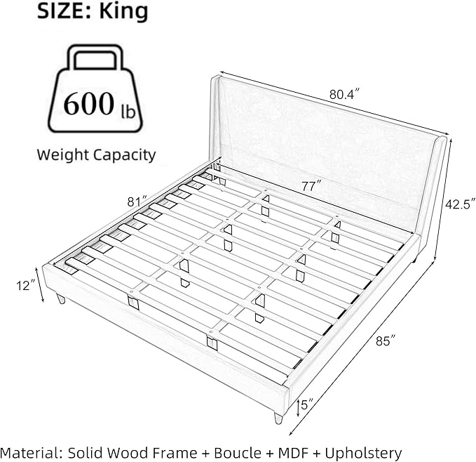 Merax Solid Wood King Size Boucle Bed Frame with Wingback Headboard, Modern Upholstered Platform with Walnut Wooden Legs, Strong Wooden Slats, No Box Spring Needed, Easy Assembly, Noise-Free, Ivory