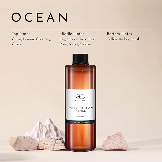 Diffuser Oil Refill, 250ml / 8.45 fl oz, Ocean - Reed & Aromatherapy Diffuser Oil, Long-Lasting Home Fragrance, Citrus, Lily & Musk Notes
