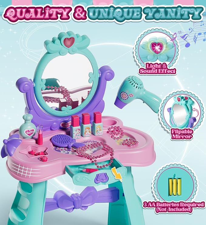 Lehoo Castle Kids Vanity Table and Chair Set with Mirror Light Music, Toddler Girls Makeup Table with Stool ＆ Hair Dryer, Pretend Play Princess Dress Up Vanity Set, Birthday Gifts for 3 Year Old Girl