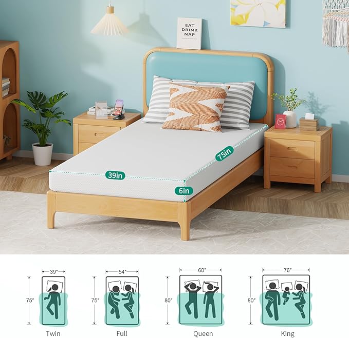 FDW 6 Inch Twin Mattress, Medium Firm Gel Memory Foam, Cooling Ventilated Foam, Pressure Relief, White, Removable Washable Cover, Bed in a Box, CertiPUR‑US Certified