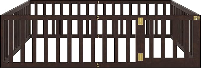 Bellemave Queen Size Montessori Floor Bed with 21.7" High Rails, Pine,Plywood Floor Bed with Small Door, Walnut