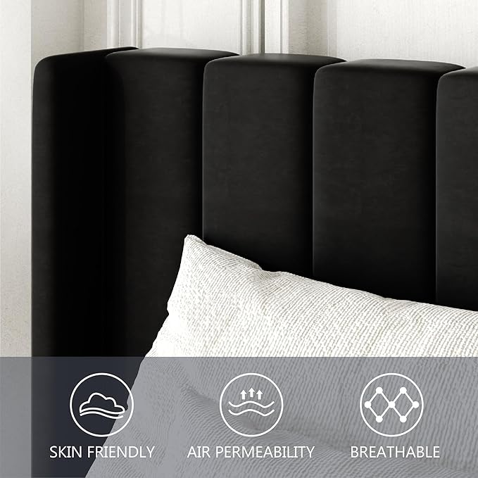 Gruwans King Size Bed Frame with Wingback Headboard, Upholstered Platform Bed, No Box Spring Needed, Sturdy Wooden Slat Support, Easy Assembly, Black