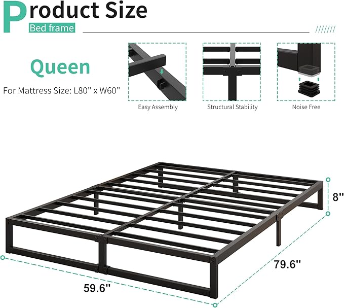Lutown-Teen 8 Inch Queen Bed Frame Heavy Duty Steel Slat Support Metal Queen Size Platform Bed Frame No Box Spring Needed, Easy Assembly, Black