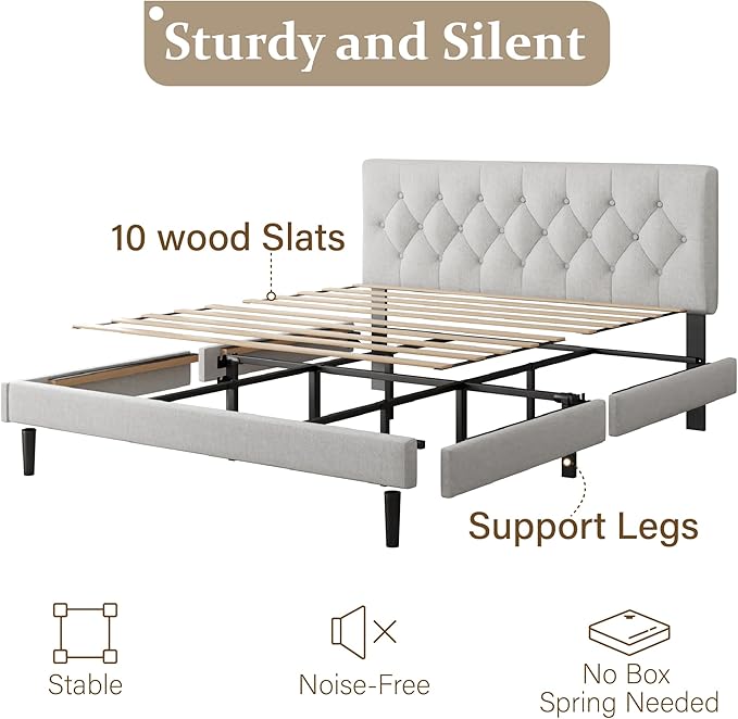 CXVX King Size Platform Bed Frame with Upholstered Headboard, Button Tufted Design, Strong Wooden Slats, No Box Spring Needed, Easy Assembly, Noise Free