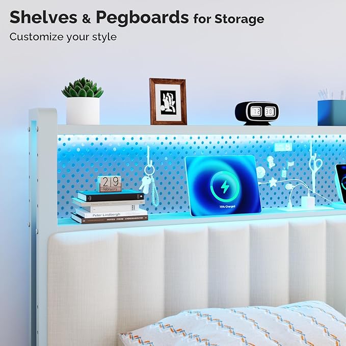 VINGLI Twin Size Headboard for Bed, Upholstered Headboards with Storage, Charging Stations and LED Lights, 2 Tier Shelves and Pegboard, Modern Twin XL Bed Head Board, Adjustable Height, White