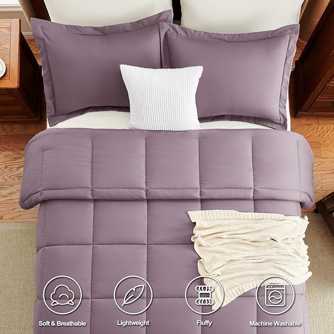 CozyLux Full Size Comforter Sets - 270GSM Dusty Purple Bedding Sets for All Seasons, 3 Pieces Box Stitched Bed Set with 1 Down Alternative Comforter and 2 Pillow Shams, Soft, Lightweight, Breathable