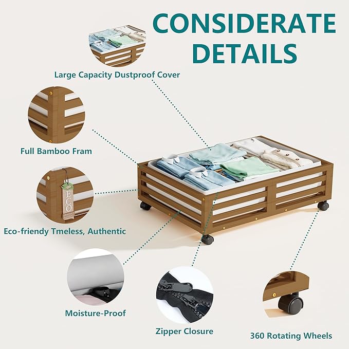Wisuce Bamboo Under Bed Storage Containers- Underbed Organizer with Wheels with Dust Bag,Sturdy Wood Rolling Under the Bed Shoe Storage Organizer Drawers (Brwon, 2 Pack (23.62"×16.54"))