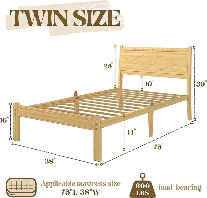 Askeld 14 inch Bamboo Twin Bed Frame with Headboard, Light Cottagecore Solid Wood Platform Bed with Heavy Duty Metal Slats, No Box Spring Needed, Easy Assembly, Noise Free
