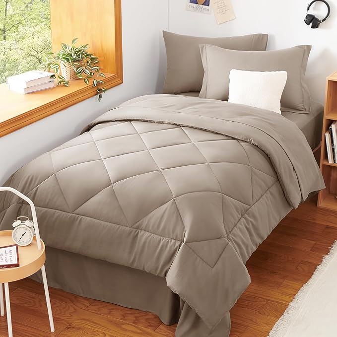 CozyLux Twin XL Comforter Set Khaki - 5 Pieces Twin Extra Long Bed in a Bag for College Dorm, All Season Bedding Set for Girls and Boys, Soft Bed Set with Comforter, Sheets, Pillowcase & Sham