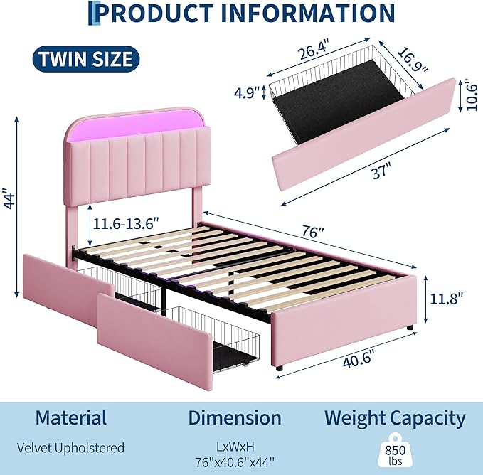 Garvee Twin Size Bed Frame with 2 Flexible Drawers, Velvet Upholstered Platform Bed Frame with Bookcase Headboard and LED Lights, Kids Bed for Girls, Easy Assembly, Noise Free, Pink