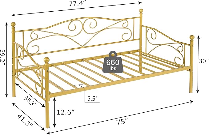 VECELO Daybed Frame, Twin Size Metal Platform Bed with Headboard,Heavy Duty Steel Slats Support for Living Room Bedroom Guest Room, Easy Assembly