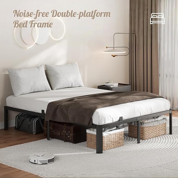 Metal Bed Frame King Size, 14 Inch 3500 lbs Heavy Duty Platform Bed Frames Steel Slats Noise Free No Box Spring Needed, Easy Assemble Sturdy Bedframe with Storage and Mattress Retainers