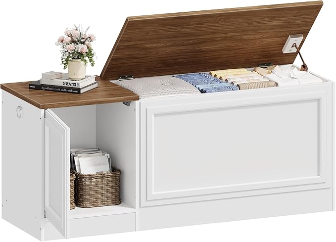 HOOBRO Storage Bench, 47.2" Wooden Toy Box, Toy Chest with Safety Hinge, Farmhouse-Style Storage Chest, Entryway Bench, for Living Room, Bedroom, Hallway, White and Walnut WH54CW01