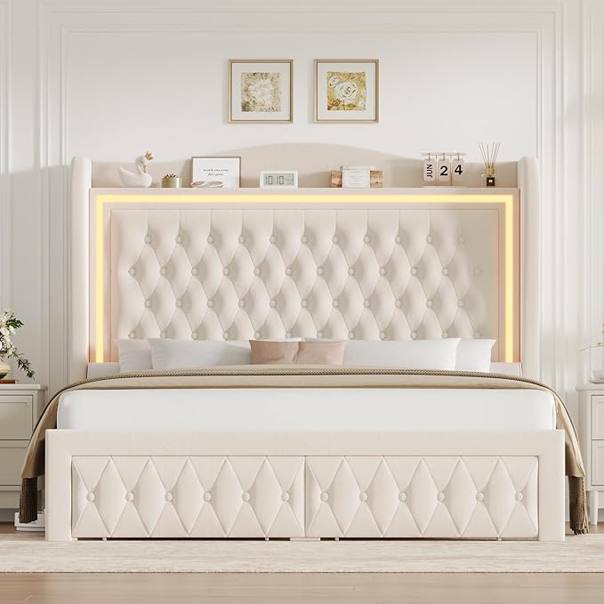 King Bed Frame 55" Tall Headboard with LED Lights, Buttons Tufted Velvet Upholstered Platform Bed Frame with 2 Storage Drawers, Wood Slats Support Mattress Foundation, No Box Spring Needed, Beige