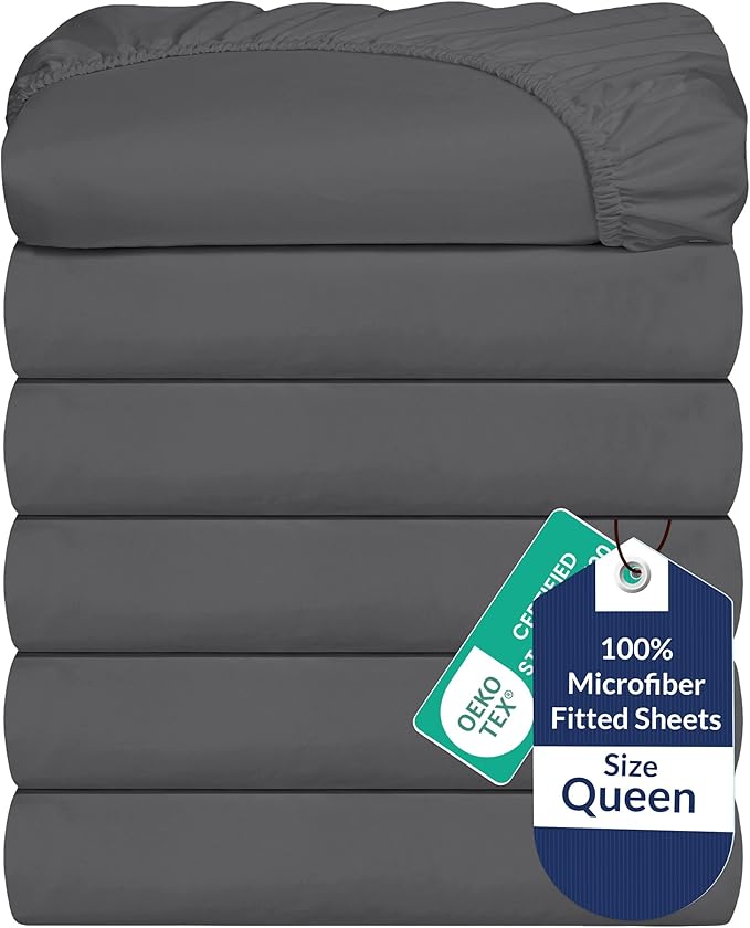 Royale Linens 6 Pack Queen Fitted Sheet Set - Bottom Sheet - Ultra Soft & Breathable - Brushed 1800 Microfiber - Wrinkle & Stain Resistant - Hotel Quality Deep Pocket Stretch Up to 16" (Queen, Grey)