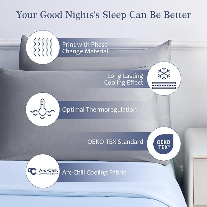 LUXEAR PCM Cooling Pillow Cases, 2 Pack Arc-Chill Q-Max>0.5 Ultra Cool Pillowcases with PCM Print Wick Moisture, Hidden Zipper Cold Pillow Protector for Hot Sleeper & Night Sweats - Grey
